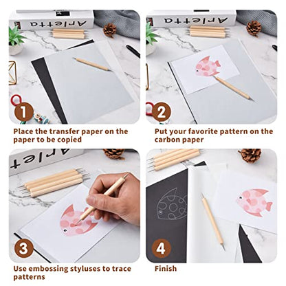 50 Sheets Carbon Paper Graphite Paper White Carbon Transfer (8.5 x 11.5 inch) Tracing Papers with 5 PCS Embossing Styluses Dotting Tools for Wood Paper Canvas Craft - color: White-50