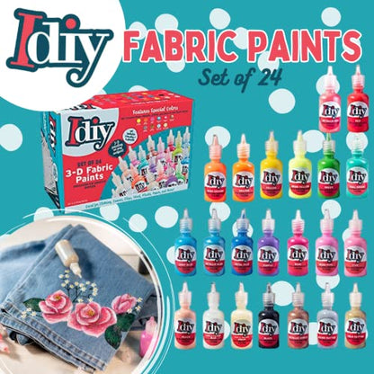 24-Color 3D Fabric Paint Set for Clothes, Canvas & Glass - Permanent Puffy Paint (1oz Bottles) with Neon, Metallic, Glitter & Glow in The Dark Colors - Includes 3 Brushes & 5 Stencils, Non-Toxic