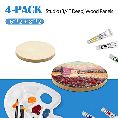 Falling in Art Unfinished Round Birch Wood Panels Kit for Painting, Wooden Canvas 4 Pack of 6 and 8" Studio 3/4" Deep, Cradle Boards for Pouring, Art, Crafts, Burning and More - size: 6'+8' round 2 PACK