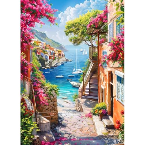 HITIRECOVI Seascape Town Paint by Number Adult,Canvas Paint by Numbers for Adults Seaside Landscape,DIY Acrylic Oil Paint by Number for Adults for Home Decor Gift 16x20 Inch - color: Coastal Village, size: 16×20in(Frameless)