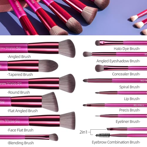 BS-MALL Makeup Brushes 14 pcs Makeup Tools Kit Premium Synthetic Powder Foundation Contour Concealers Lip Brushes with Makeup Sponge & Eyeshadow Applicator Kit - color: Hot Pink