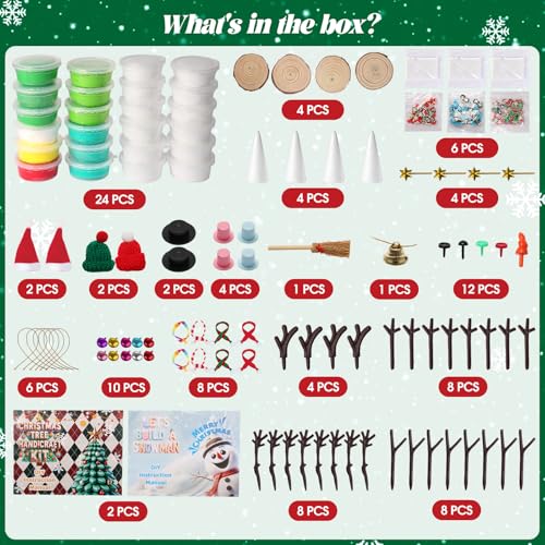 FIIOEOY 24 Pack Build a Snowman & Christmas Trees Clay Kit for Kids – Colorful Air Dry Clay Christmas Craft Set, Modeling Craft DIY Set, 2-in-1 Snowman Tree Activity, Creative Xmas Gift for Boys Girls