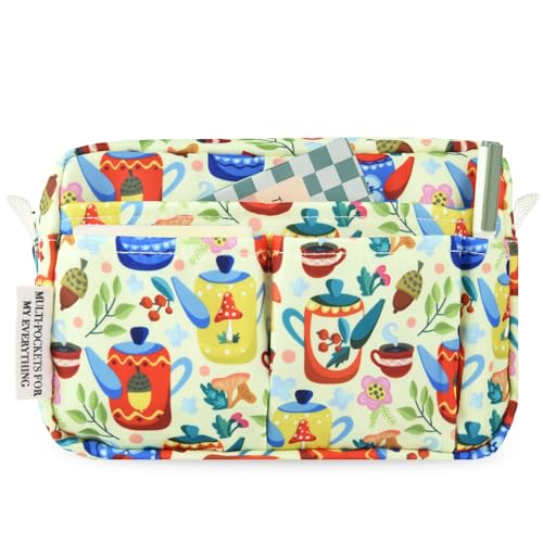 Portfolio Organizer with Multiple Pockets, Waterproof Travel Zippered Cosmetic Bag, Portable Storage Bag for Notebooks, Stationeries, Make-up, Journal Office Art Supplies.Yellow Teapot - color: Yellow Teapot