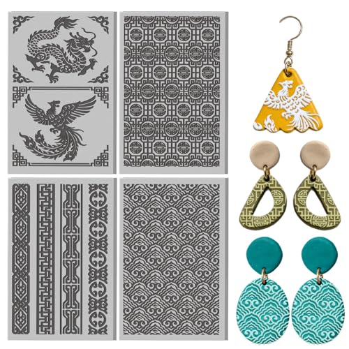 4 Pcs Oriental Textures Pattern Polymer Clay Texture Sheet Rubber Clay Texture Mat for Polymer Clays Making Earrings Jewelry DIY Crafts 4 × 2.5 Inch - style: Oriental Textures