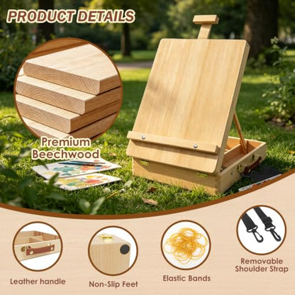 Tabletop Easel for Painting, Adjustable Beechwood Sketchbox with Large Capacity Storage, Portable Desktop Art Easel Stand, Travel Station with Detachable Shoulder Strap for Adults, Artists & Beginners