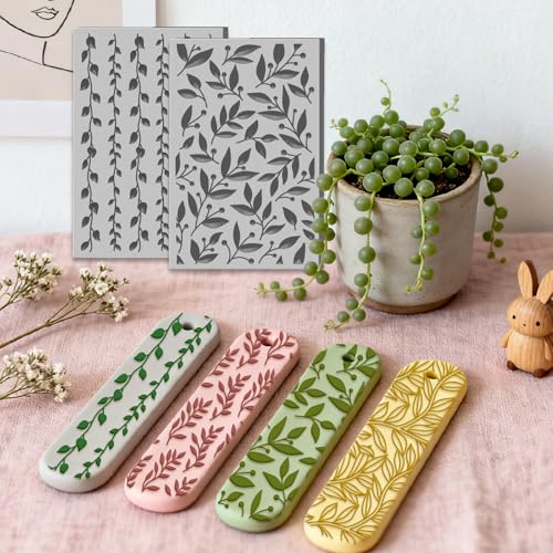 4 Sheets Leaves Pattern Polymer Clay Texture Sheet Plants Pattern Rubber Clay Texture Mat for Polymer Clay Making Earrings Jewelry DIY Crafts 4 × 2.5 Inch - style: Leaves Pattern