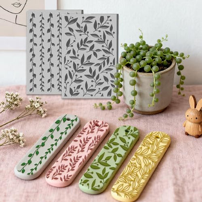 4 Sheets Leaves Pattern Polymer Clay Texture Sheet Plants Pattern Rubber Clay Texture Mat for Polymer Clay Making Earrings Jewelry DIY Crafts 4 × 2.5 Inch - style: Leaves Pattern