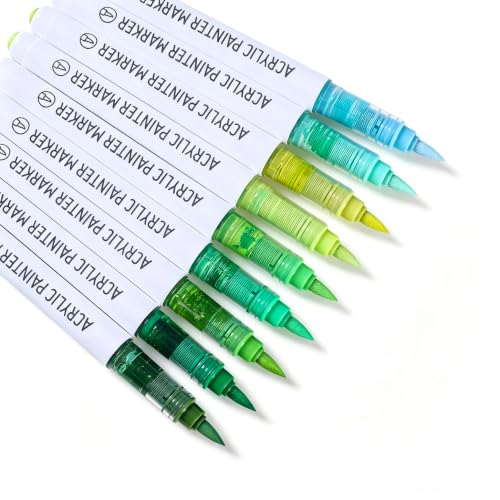languo Acrylic Paint Markers, 9 Forest Green Series Colors Acrylic Paint Pens, Soft Brush Tip Marker with Water Based Ink for Rock Painting, Wood, Glass, Fabric, DIY Art and Craft - color: Forest Green Series