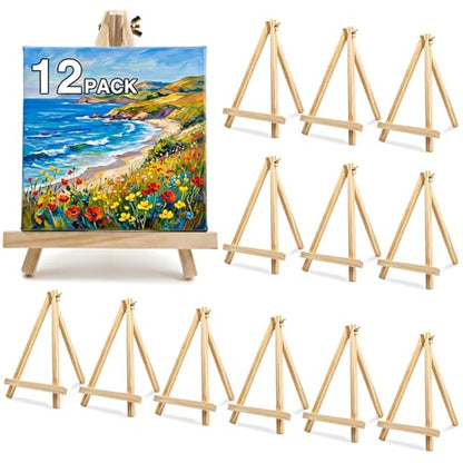 12 Pack 9 Inch Wooden Easel Stand for Painting, Tabletop Art Craft Easels for Canvas, Poster Board, Sign & Frame Display, Small Canvas Stand for Painting, Ideal for Art Party & Adult Artist - FUNLAVIE