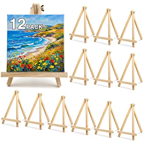 12 Pack 9 Inch Wooden Easel Stand for Painting, Tabletop Art Craft Easels for Canvas, Poster Board, Sign & Frame Display, Small Canvas Stand for Painting, Ideal for Art Party & Adult Artist - FUNLAVIE