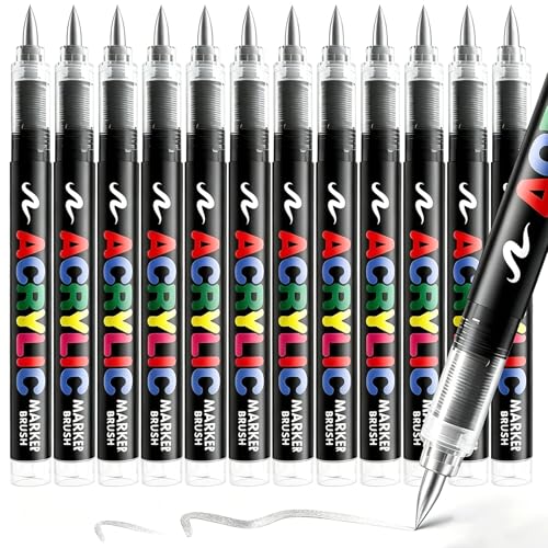 12 Silver Paint Pen, Brush Tip Acrylic Paint Markers for Rock Painting, Wood, Glass, Ceramic, Canvas, Fabric, Stone, Decoration, DIY Crafts Kit Making, Art Supplies - color: 12 Silver