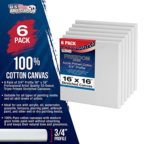 U.S. Art Supply 16 x 16 inch Stretched Canvas for Painting, 12oz Triple Primed, 6-Pack - Professional Artist Quality White Blank 3/4" Profile, 100% Cotton, Heavy-Weight Gesso - Acrylic Pouring, Oil - size: 16" x 16"