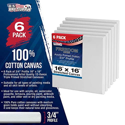 U.S. Art Supply 16 x 16 inch Stretched Canvas for Painting, 12oz Triple Primed, 6-Pack - Professional Artist Quality White Blank 3/4" Profile, 100% Cotton, Heavy-Weight Gesso - Acrylic Pouring, Oil - size: 16" x 16"