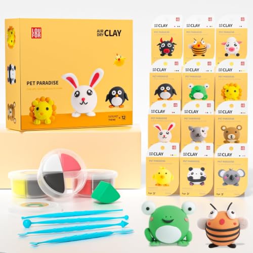 LOUFOR Air Dry Clay Kits - Modeling Clay for Kids, Ultra Light & Soft, Safe & Non-Toxic, 12 Boxes DIY Model Magic Clay with Sculpting Tools & Tutorials, Creatible Art Crafts Toys Gifts Boys Girls - color: #01-Pet Paradise