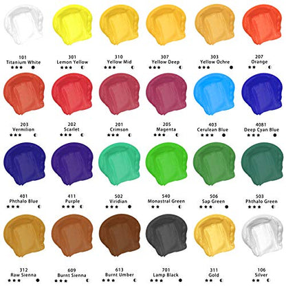 Artecho Professional Acrylic Paint Set, 24 Basic Colors Tubes (60ml / 2.02oz) Art Craft Paints for Canvas, Rock, Wood, Fabric, Art Supplies - color: 24 Basic Colors, style: Regular