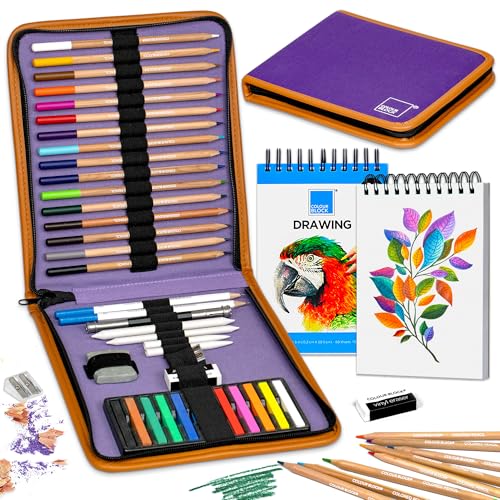 COLOUR BLOCK 40-Piece Drawing Travel Art Set – Portable Sketch and Drawing Art Kit with 16 Colored Pencils, 12 Soft Pastels, 2 Sketching Pencils, 8 Tools, Pad, Zip Case for Beginners, Artists, Adults