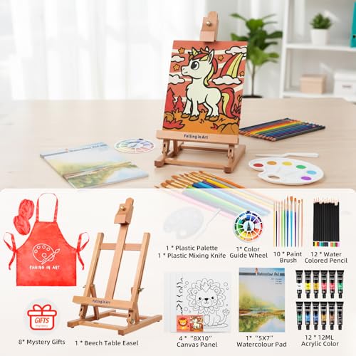 Falling in Art 52Pcs Acrylic Paint Set with Table Easel, Art Painting Kit with Acrylic Paints, Canvas Panels, Paintbrushes, Canvas Supplies Kit for Kids, Adults, Beginners, and Artists, Red - color: Red