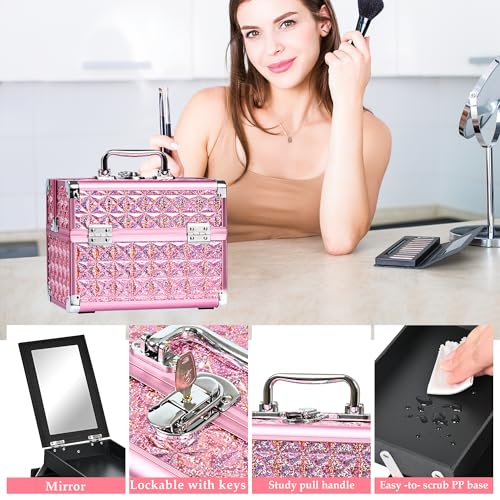 Makeup Case Organizer,Makeup Train Case, Trays Cosmetic Box Portable, Profesional for Salon Barber,Pink - color: Pink