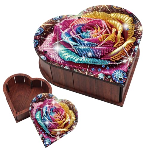 JZHYOAN Rose Diamond Painting Wooden Storage Box Flower Diamond Art Jewelry Box Kits DIY Heart-Shaped Large Capacity Organizer Case Gift Box Valentine's Day Desktop Decoration Storage Cubes - color: Purple flower