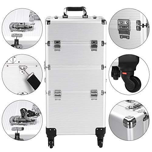 mefeir 3 in 1 Rolling Makeup Train Case, Large Cosmetic Trolley with 360° Rotation Wheels & 2 Drawers, Professional for Makeup & Tattoo Artist & Hairstylist - color: Silver