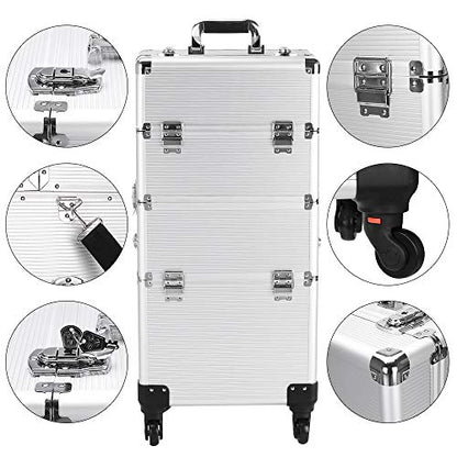 mefeir 3 in 1 Rolling Makeup Train Case, Large Cosmetic Trolley with 360° Rotation Wheels & 2 Drawers, Professional for Makeup & Tattoo Artist & Hairstylist - color: Silver