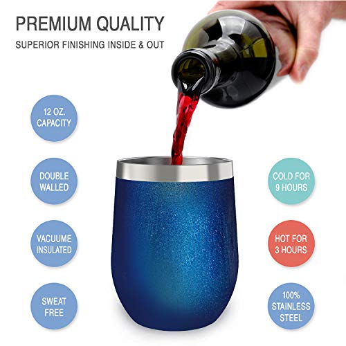 CHILLOUT LIFE 12 oz Stainless Steel Wine Tumbler with Lid - Double Wall Vacuum Insulated Wine Cup Glass Keeping Cold & Hot for Coffee, Champagne, Cocktails, Ice Cream - Blue Sparkle - color: Blue Sparkle, style: 1 Pack