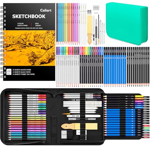 Caliart 176PCS Art Supplies Sketching Kit, 100 Sheets 3-Color Sketch Book | Graphite Colored Charcoal Watercolor & Metallic Pencils, Drawing Supplies Set Gifts for Artists Adults Beginners - color: Green