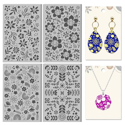 4 Sheets Bohemian Flower Clay Texture Mat Rainbow Polymer Clay Texture Sheets DIY Tools for Pottery Earring Jewelry Making Stamp Engraving Machines, 3.9x2.6inch - style: Rainbow