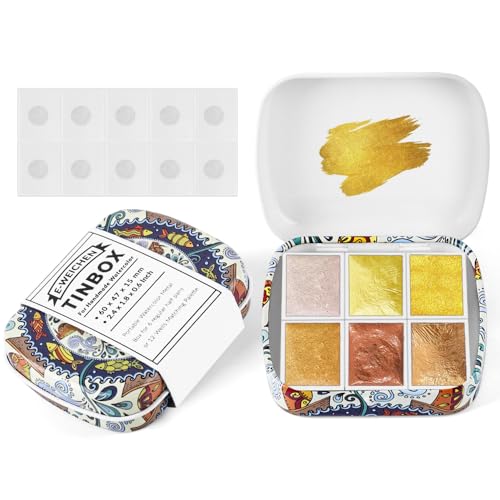Art Supplies Handmade Watercolor Paint Set - 6 Metallic Gold Colors Half Pans Glitter Solid Water Color- Metal Case Sparkle Pearlescent Watercolour for Artists, Golden - color: Solid Pigments-golden