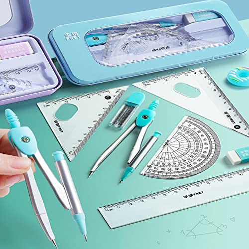 Math Geometry Kit Sets 7 Piece Student Supplieswith Shatterproof Storage Box, Compass for Geometry, Protractor Set, Geometry Kit, Drawing Tools, Drafting Set （Blue）