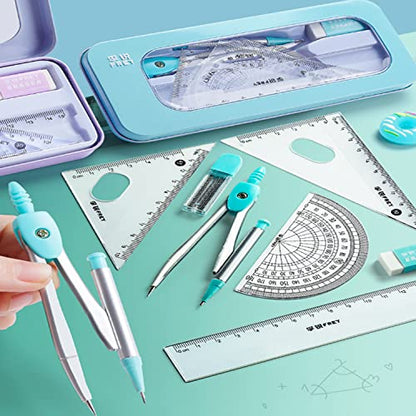 Math Geometry Kit Sets 7 Piece Student Supplieswith Shatterproof Storage Box, Compass for Geometry, Protractor Set, Geometry Kit, Drawing Tools, Drafting Set （Blue）