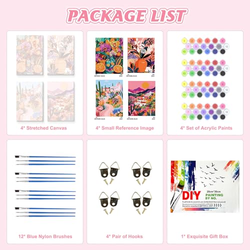 KEYIFA 4 Pack Paint by Numbers Kit, Stretched Canvas Boards for Painting for Adults, Crease-Free Acrylic Oil Painting for Students Favor Sip & Paint Party Supplies, Floral Art Landscape (8x12in)
