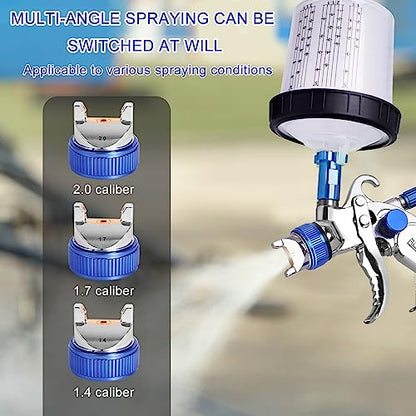 HVLP Paint Gun with 1.4/1.7/2.0mm Nozzles,Air Spray Paint Gun w/10pcs 20 Ounce Mixing Cup and Lids & Air Pressure Gauge for Car Painting,Furniture Surface Spraying (Blue) - color: Blue
