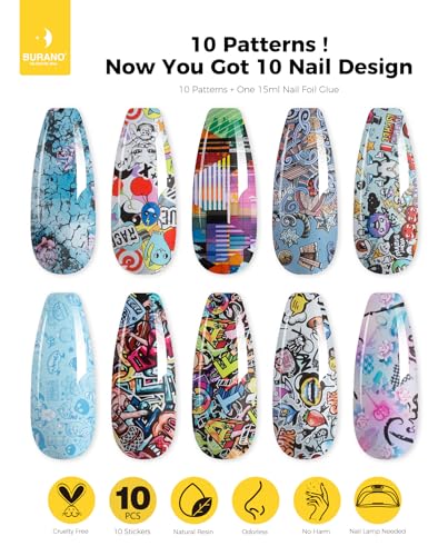 BURANO Nail Art Nail Foil Glue Gel, o.5 oz with 10PCS Foil Stickers Set Nail Foil Glue for Nails Foil Transfer Gel, Nail Design DIY UV LED Lamp Required (Design Foil 17) - color: Design Foil 17