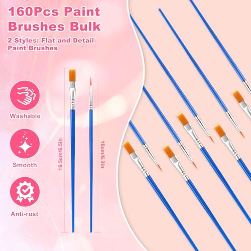 160 Pcs Small Paint Brushes Bulk, Flat and Round Pointed Paint Brushes Set for Kids Classroom Watercolor Canvas Face Painting Acrylic Painting