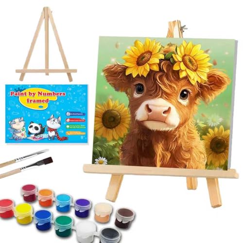 WEMEON Cow Paint by Numbers Kit for Kids with Frame and Easel, Easy Paint by Numbers Kits for Kids Ages 8-12, Small Painting by Number for Birthday Gift, Painting Party(10X10inch) - color: DMBK-0012-US(10X10inch)