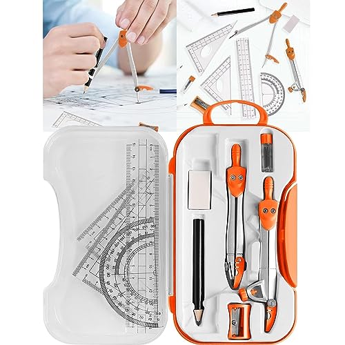 WaLdor geometry set Math Geometry Kit Protractor Compass Set Triangle Ruler Stationery Eraser for Drafting Engineering Office Tools Teachers Compass set (Color : Orange) - color: Orange