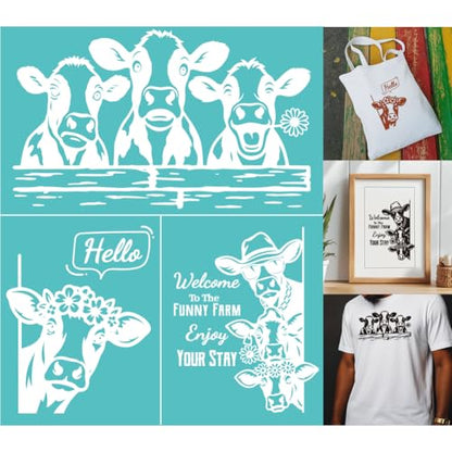 2 Sheets Silkscreen Stencil, Fun Bull Printing Stencils Templates Reusable Self-Adhesive Silk Screen for Painting on Wall, Wood, T-Shirt, Fabric, Home Craft Decor, 8.7x11 Inch - style: Cow