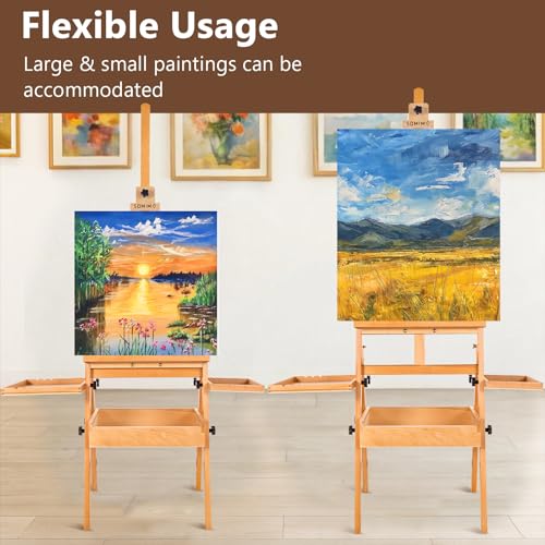Large Wooden H-Frame Studio Easel with Storage Drawer and Palettes, Solid Beechwood Painting Easel for Students, Beginners, and Artists, Hold Canvas to 36Inches High - style: Side Trays Natural