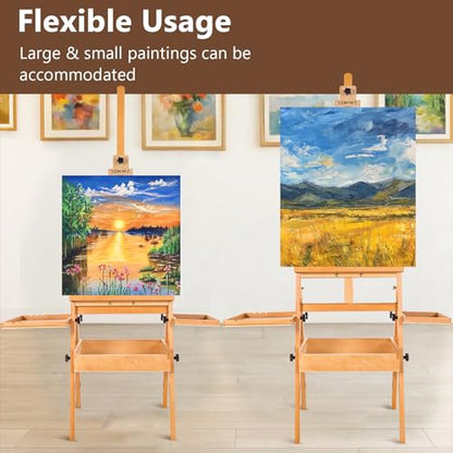 Large Wooden H-Frame Studio Easel with Storage Drawer and Palettes, Solid Beechwood Painting Easel for Students, Beginners, and Artists, Hold Canvas to 36Inches High - style: Side Trays Natural