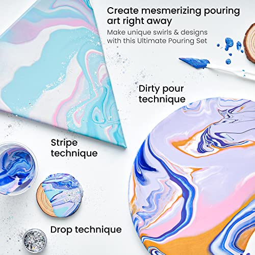 ARTEZA Acrylic Pouring Kit – 14 High-Flow Paints, 2 Stretched Canvases, 2 Wooden Slices, Glitter, Palette Knives & Craft Tools for Acrylic Pouring Projects
