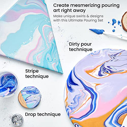 ARTEZA Acrylic Pouring Kit – 14 High-Flow Paints, 2 Stretched Canvases, 2 Wooden Slices, Glitter, Palette Knives & Craft Tools for Acrylic Pouring Projects