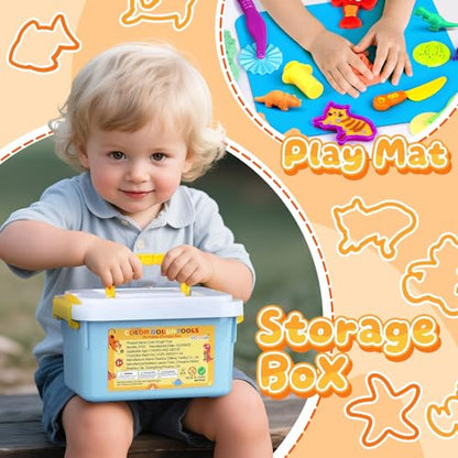 VConejo Dough Tools Play Sets for Kids, 37pcs Clay and Dough Accessories with Storage Container, Mat, Cutters, Rolling Pins, Safety Scissors, Stamps, Animal and 3D Dino Makers for Boys Girls