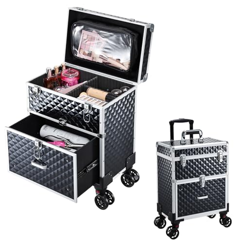 Professional Rolling Makeup Case with Drawer for Makeup Artists Cosmetic Train Case Large Storage Case for Nail Technicians Cosmetology Case with Detachable Bag for Hairstylist Black - color: Black with Drawer