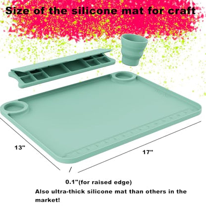 Svartur Silicone Painting Mat with Cup and Palette Detachable, 17"X13" Thick Silicone Craft Mat with Raised Edge for Artist, Painting Station Creator Mat, Green - color: Green