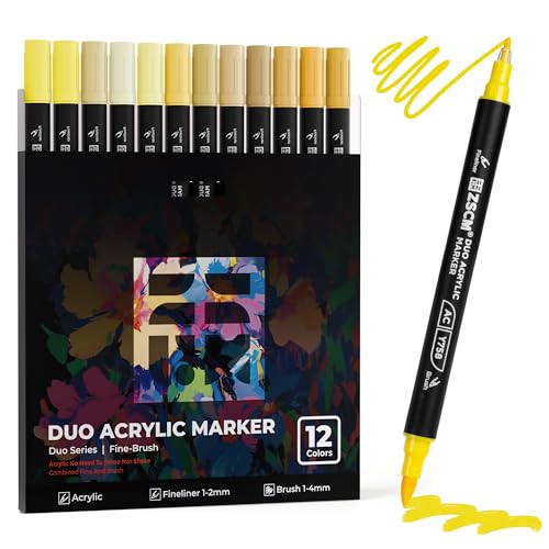 ZSCM QUALITY DECIDES THE FUTURE 12 Yellow Acrylic Paint Markers, Dual Tip Acrylic Brush Pens with Fine Tip & Brush Point, Sunlit Yellow Acrylic Markers for Wood Canvas Stone Glass Rock Painting - color: 12 Yellow