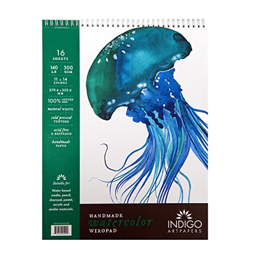 Indigo Artpapers Watercolor Paper Pad, 16 Sheets, 11x14 (140lb/300g) | Handmade 100% Cotton Rag, Cold Pressed Paint Paper, Acid-Free Water Color Paper Pad, Wirebound Watercolor Sketchbook Journal - size: 11 x 14, 16 Sheets