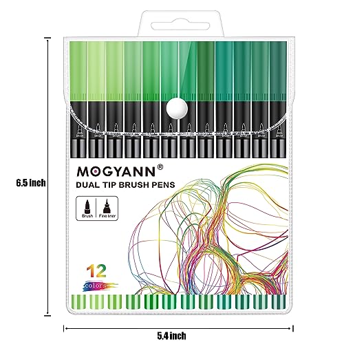 Green Markers, 12 Pack Dual Brush Pens Drawing Markers for Art Sketching - color: Green