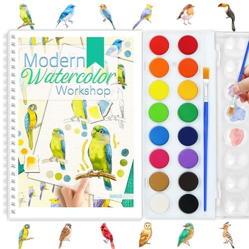 Beginners Watercolor Workbook for Adults -Step-by-Step Coloring Book Set-12 coloring book pages - Includes 16 color blocks and a brush - Professional Watercolor Paper: 300gsm/140lb (Bird) - style: Bird