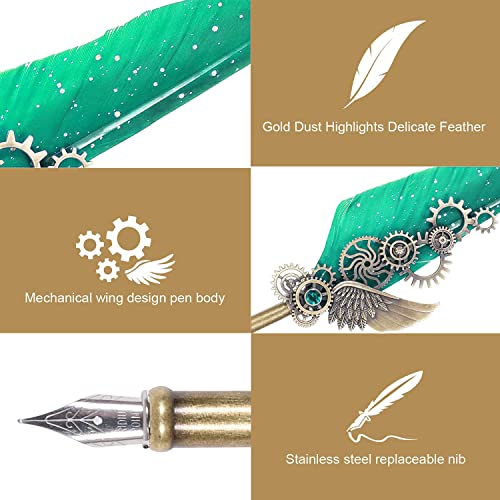 NC Quill Pen Ink Set, Feather Pen Includes 5 Bottles Ink and 6 Replaceable Stainless Steel Nibs, Mechanical Quill Calligraphy Pen for Writing, Letters, Invitations (Green) - color: Green